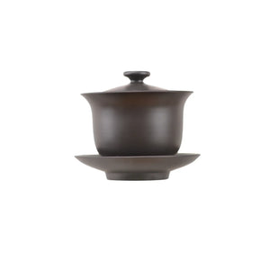 Jianshui zitao Gaiwan tea bowl with dark matte glaze and matching saucer