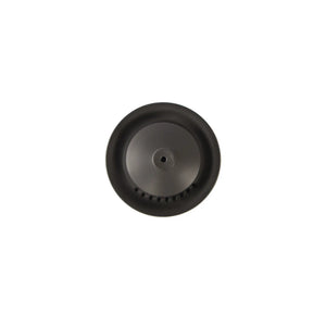 Top view of a handmade pottery black Gaiwan lid with a vent hole and small steam-release openings.