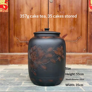Jianshui zitao line-engraved storage jar shown with tea cake storage capacity example and hand-measured size reference
