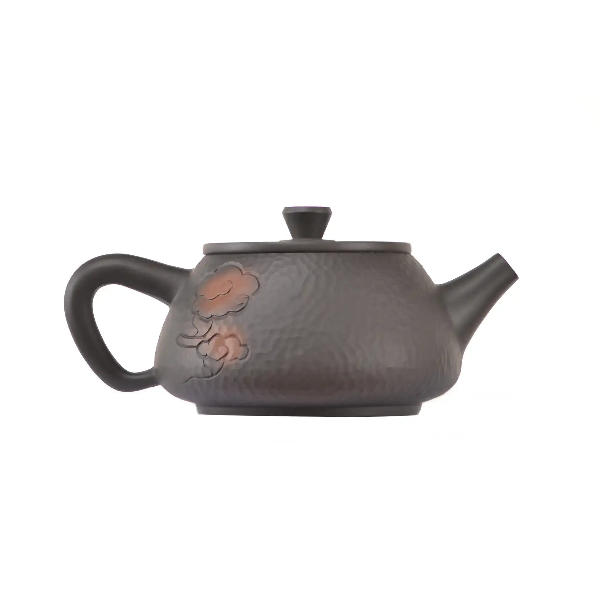 Alternate side view of clay teapot No.14 with hammered texture and cloud motif