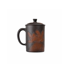 Jianshui zitao office mug with a hand-carved lotus flower design and fitted lid