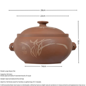 Size and capacity details of a large handmade purple pottery steam pot(red caly), holding 3.8 liters and ideal for gatherings of 5-7 people.