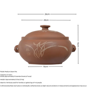 Size and capacity details of a medium handmade purple pottery steam pot(red caly), holding 2.7 liters and ideal for gatherings of 4-6 people.