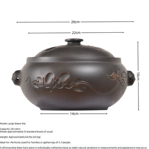 Size and capacity details of a large Jianshui zitao pottery steam pot with line-carved lotus pattern, holding 3.8 liters and ideal for gatherings of 5-7 people