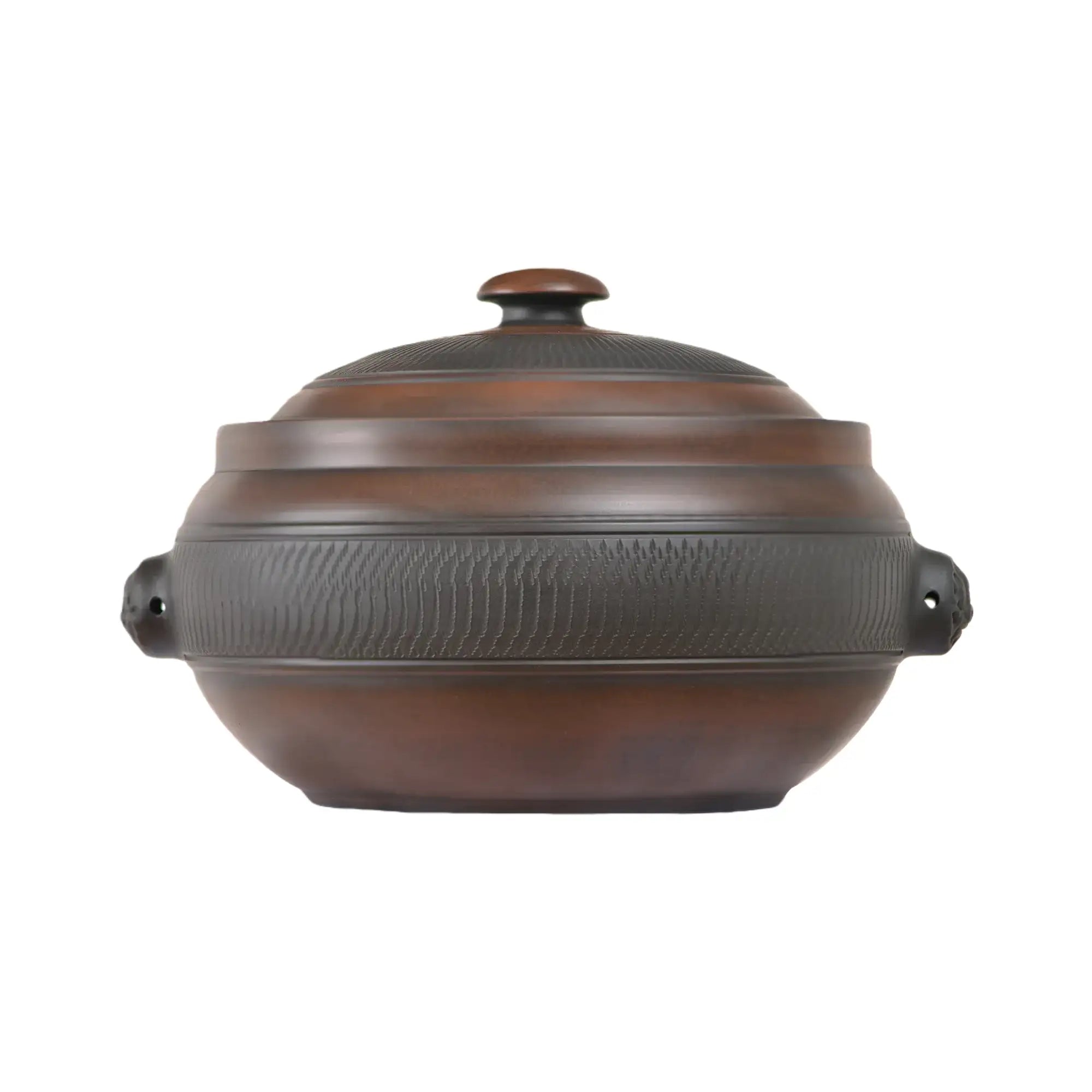 Handmade pottery steam pot featuring a chattering-carved band around the body.