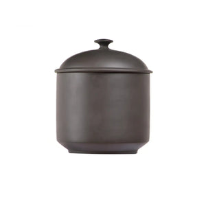 Back view of a Jianshui zitao tea canister (black) with smooth matte finish and fitted lid