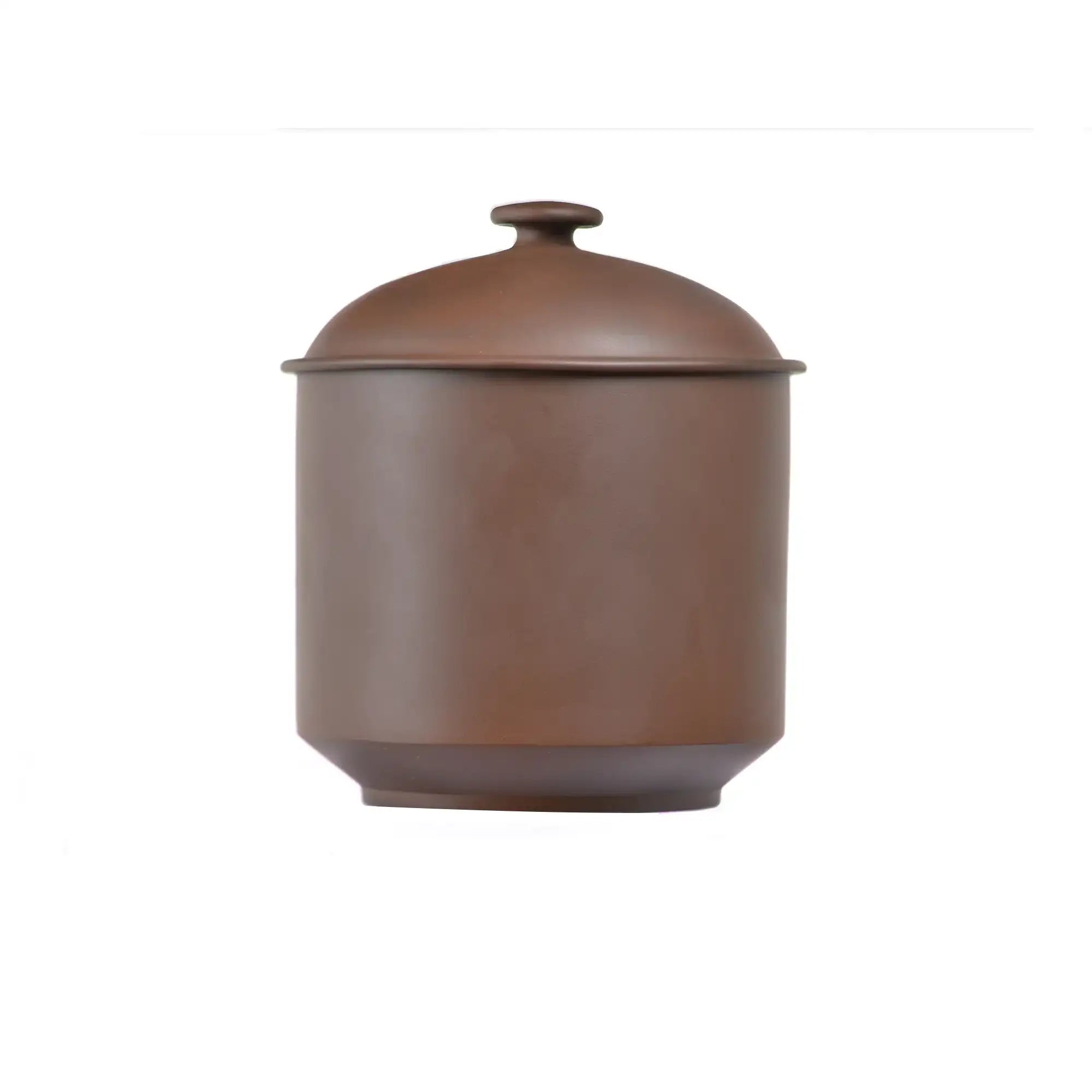 Back view of a Jianshui zitao tea canister (red clay) with a simple design and smooth matte glaze