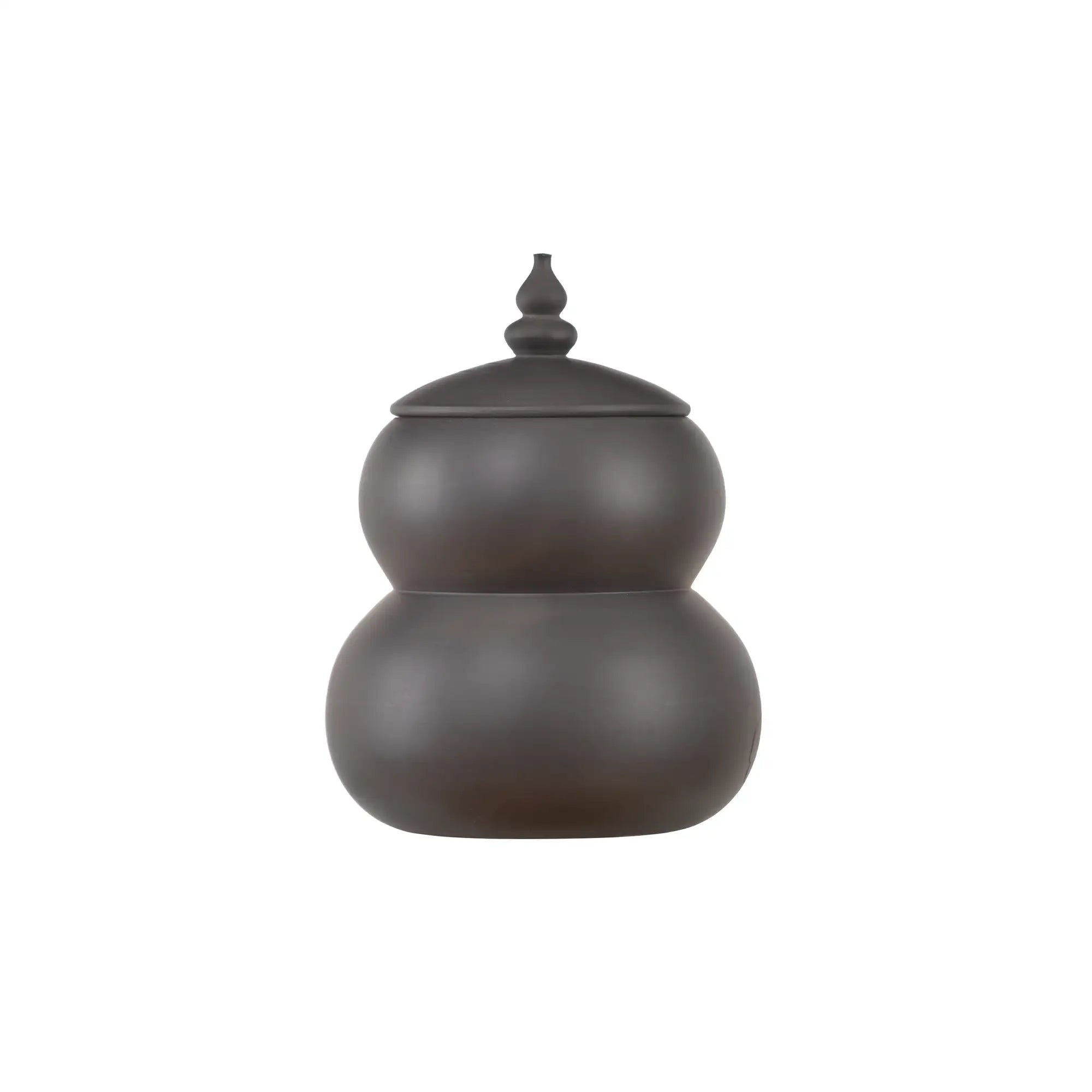 Back view of a handmade pottery double-gourd tea canister without carved decoration.