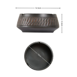 Size diagram of a jianshui zitao ashtray with chattering-carved texture, showing 12.5 cm diameter, 5.5 cm height, and 10 cm inner diameter