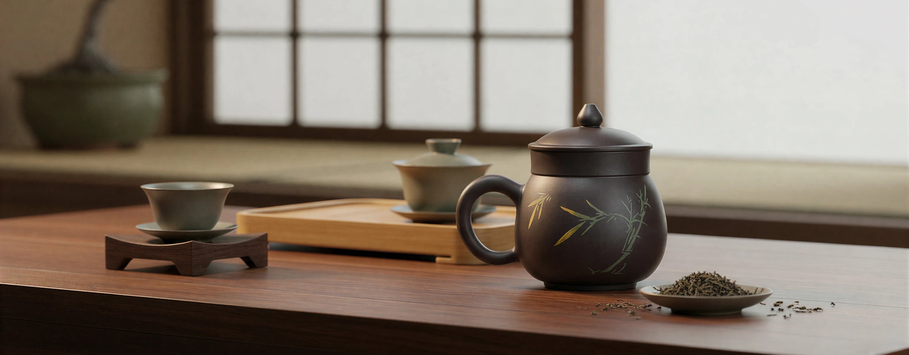 Jianshui zitao teaware displayed in a calm tea setting, highlighting handcrafted form and texture