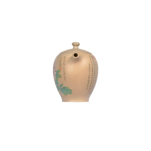 Front view of PorSva No.59 clay teapot featuring peony motif with white clay inlay