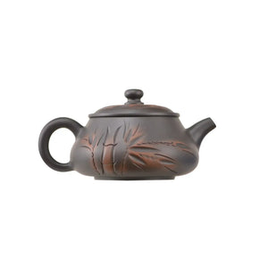 Handcrafted clay teapot No.4 with bamboo line carving and unglazed surface