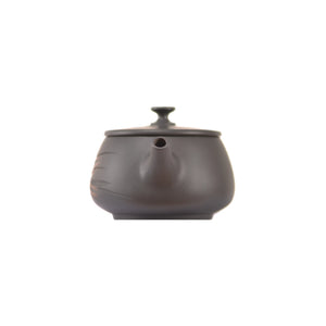 Handcrafted clay teapot No.8 featuring bamboo carved detailing and unglazed finish