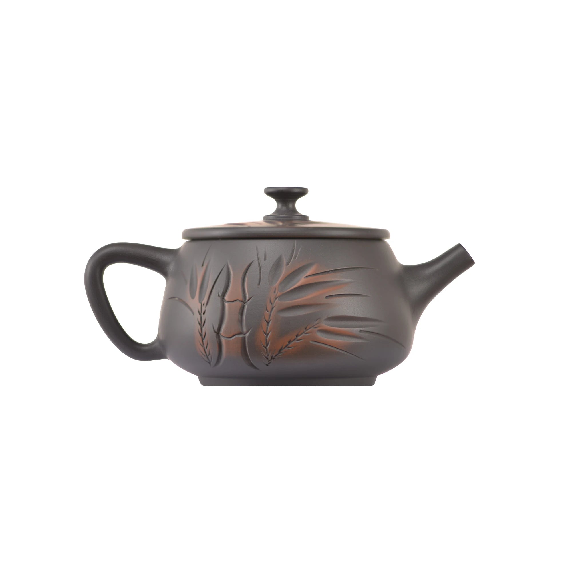 ide view of clay teapot No.8 featuring hand-carved bamboo design and traditional form