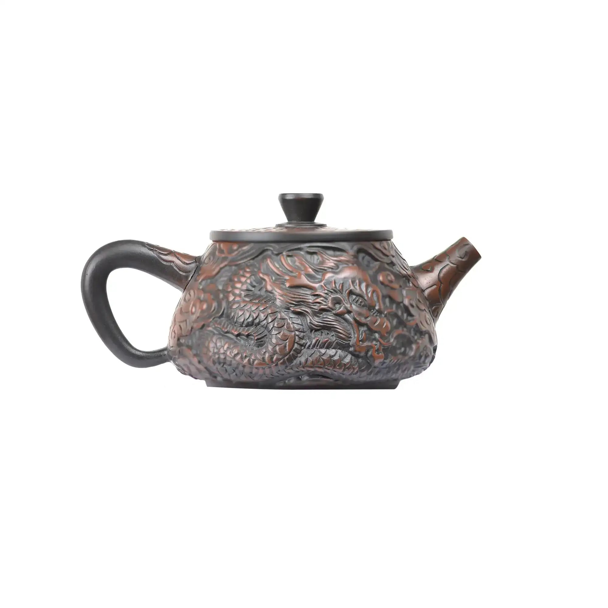 Opposite side detail of clay teapot No.32 highlighting intricate dragon and phoenix carving craftsmanship