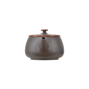Clay teapot showing rounded body shape and traditional handcrafted finish