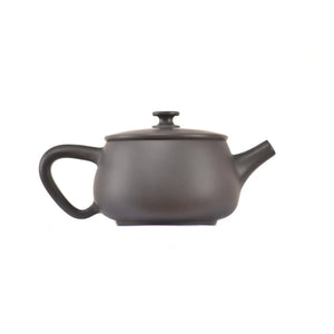 Side view of clay teapot No.2 featuring a minimalist smooth body and gold waistline detail