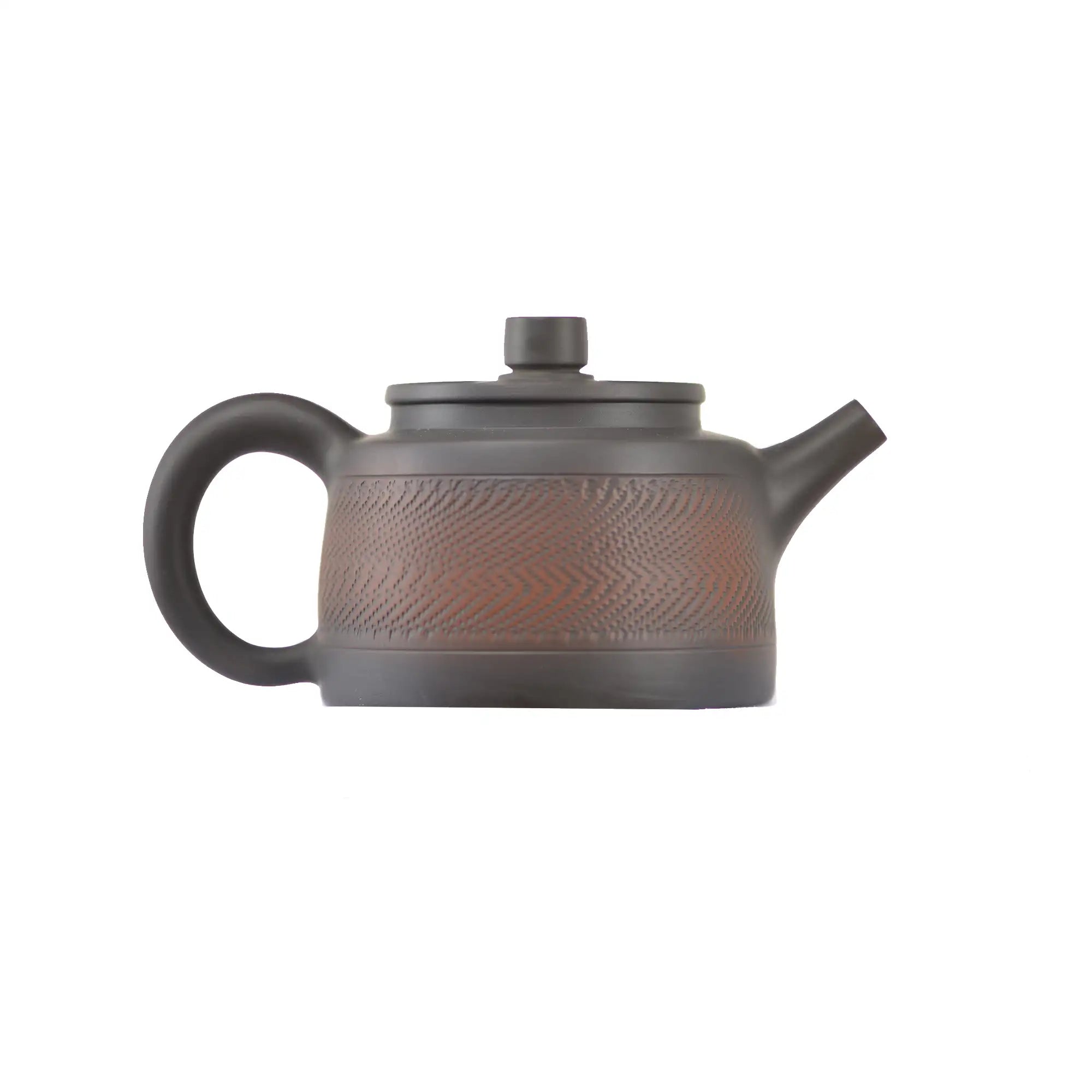 Alternate side view of clay teapot No.11 with textured jumping knife pattern