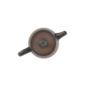 Top view of clay teapot No.12 highlighting lid shape and jumping knife texture