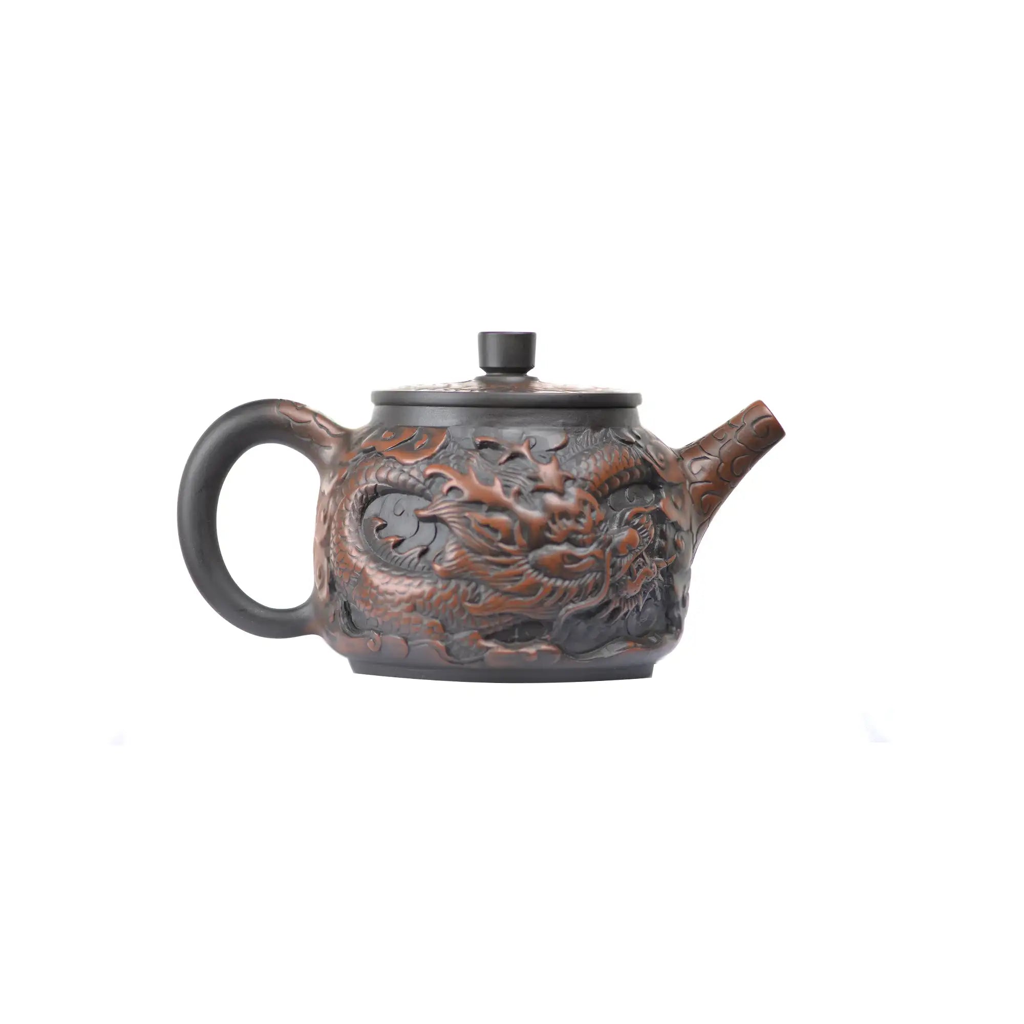 Right side view of PorSva No.33 Hanwa fully carved dragon clay teapot showing continuous relief carving