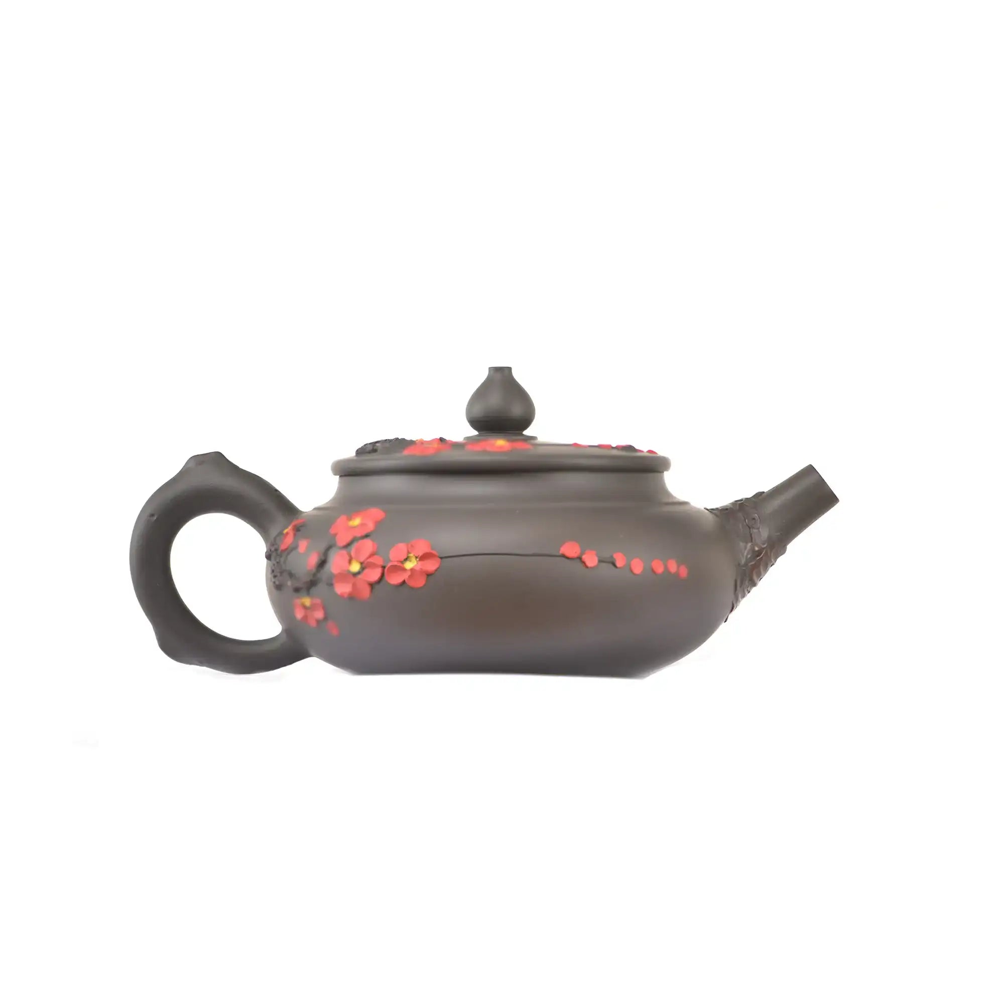 Alternate side view of clay teapot No.19 featuring plum blossom root-art detailing