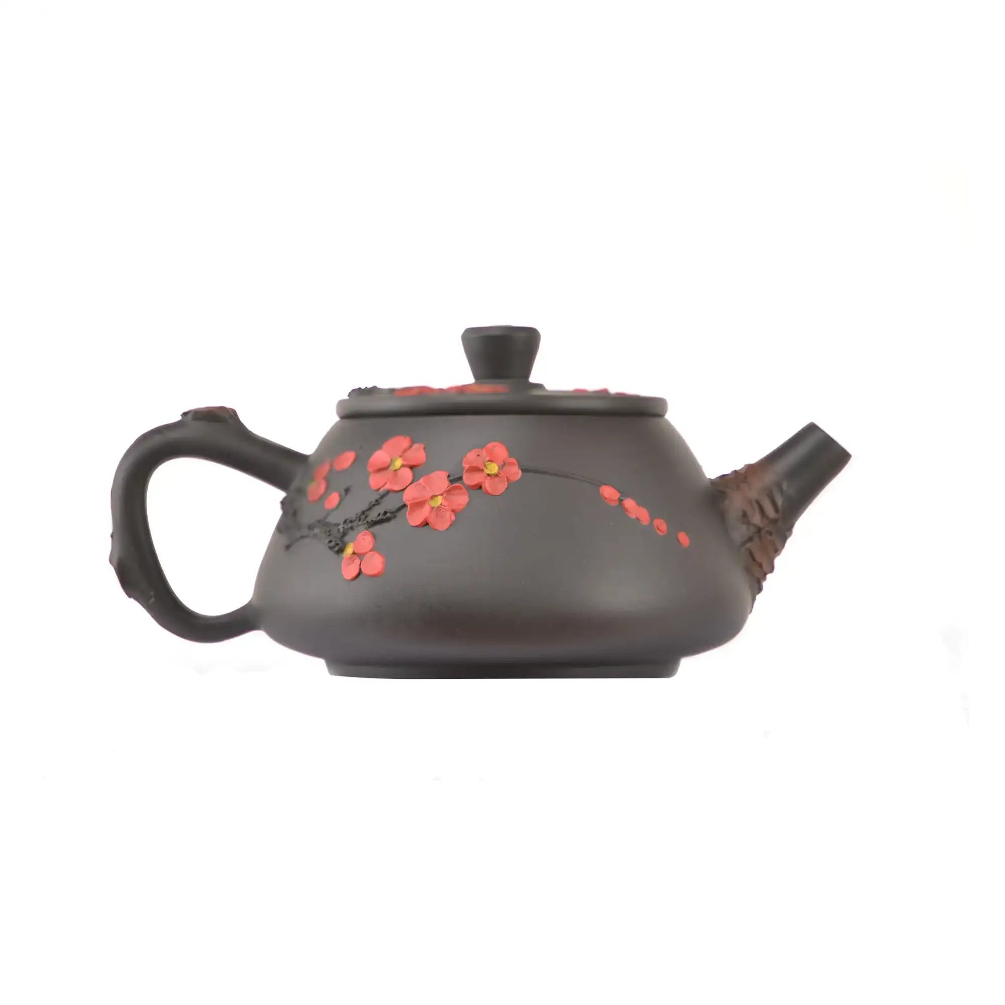 Alternate side view of clay teapot No.20 with handcrafted plum root-art decoration