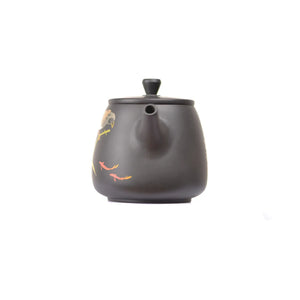 Handcrafted clay teapot No.25 featuring yin carving and yang inlay floral and animal motifs