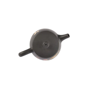Top view of clay teapot No.25 highlighting lid shape and decorative inlay pattern