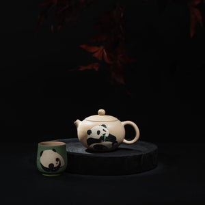 Handmade Jianshui panda inlay tea set with teapot and matching cup