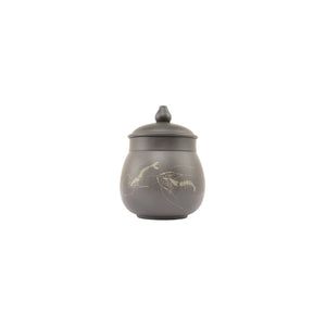 Front view of Jianshui Zitao pottery mug featuring shrimp and calligraphy design, handcrafted Yin-carving and Yang-filling