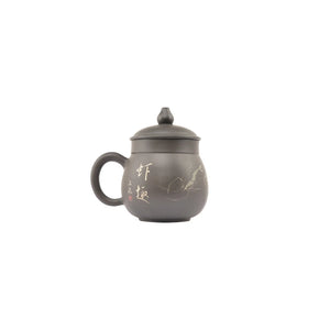 Handmade Jianshui Zitao pottery mug with multi-layer Yin-carving and Yang-filling, shrimp and calligraphy motif on the front, unglazed clay