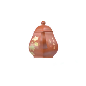 Left side view of PorSva No.55 hexagonal red clay teapot featuring Chinese calligraphy carving with clay inlay