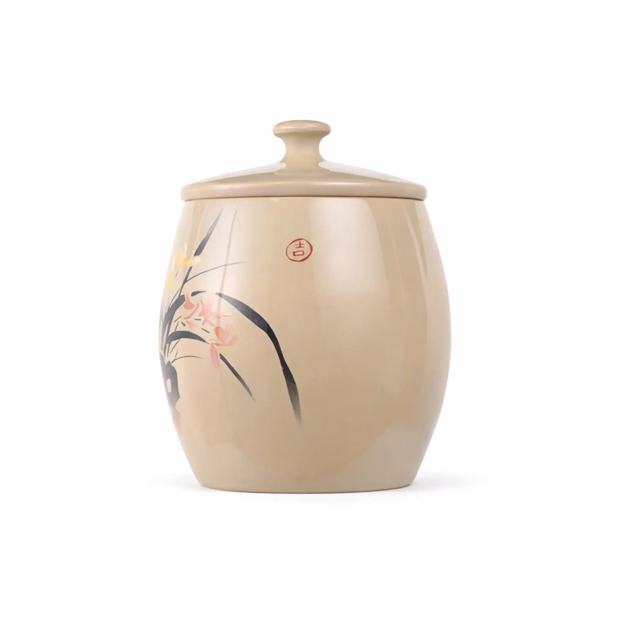 Side view of a handmade unglazed pottery tea canister with a burnished finish and hand-carved orchid .design.