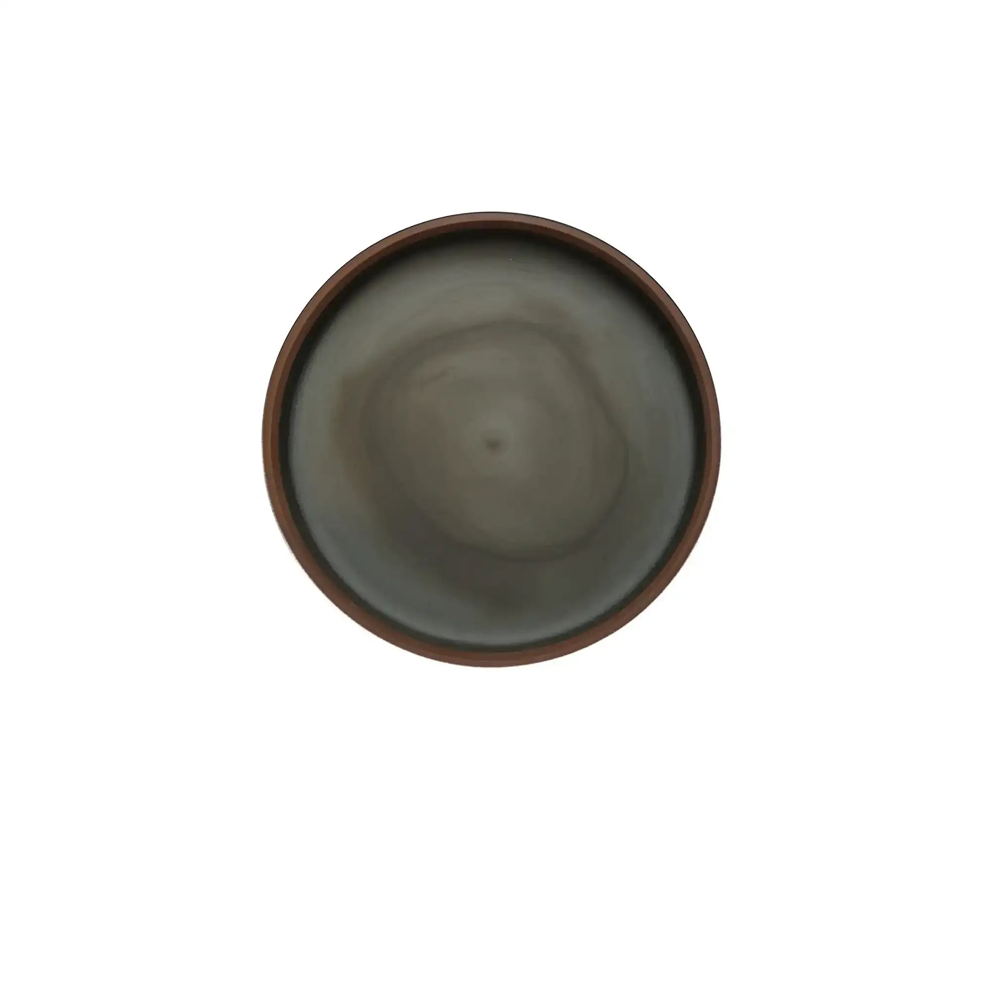 Top-down view of the interior of a handmade pottery tea cake storage box, showing a smooth, unglazed surface with natural clay tone variations.