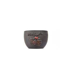 Jianshui zitao master tea cup with applied leaf relief carving and unglazed matte surface