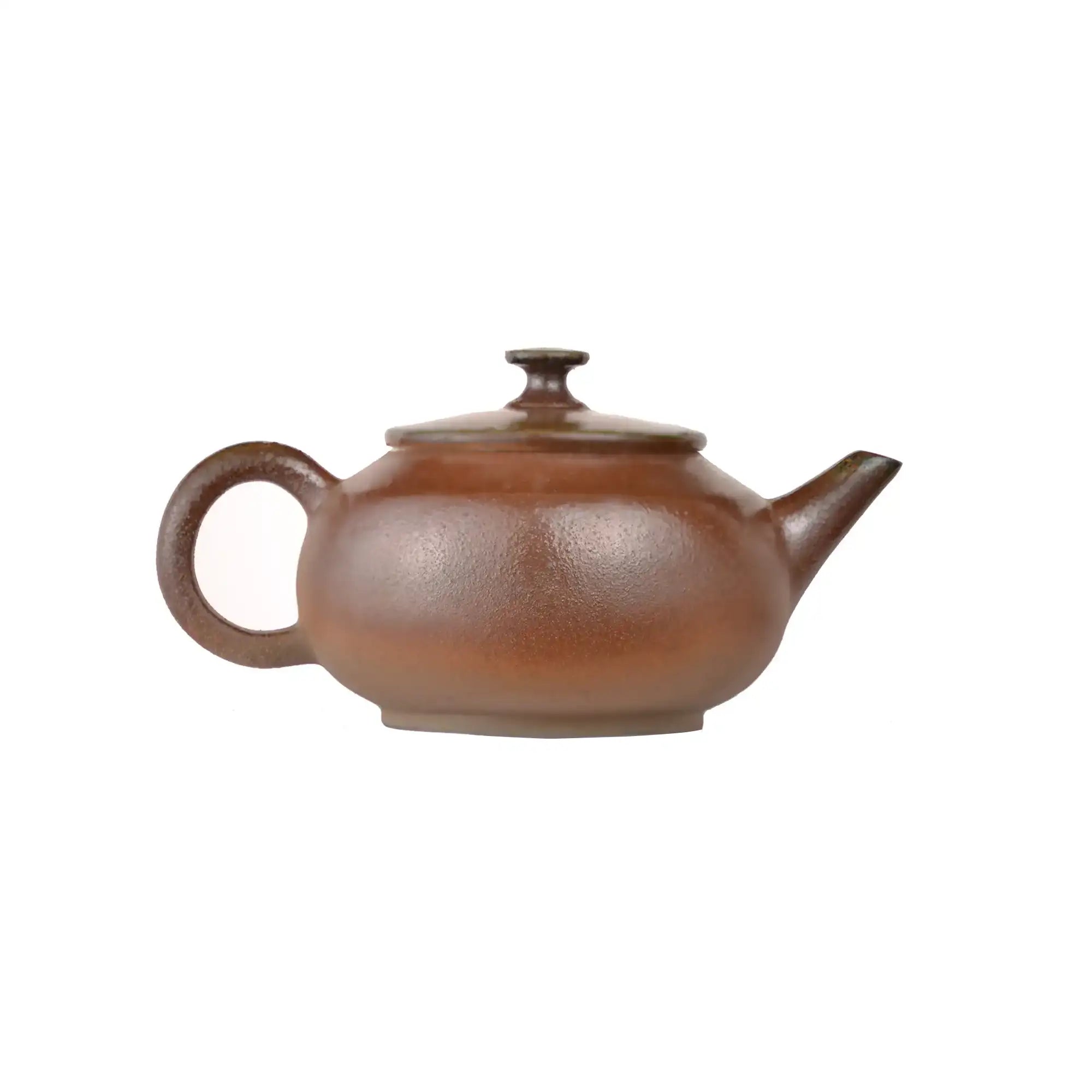 Jianshui zitao wood-fired teapot featuring fine granular surface texture shaped by flame and ash, side view.