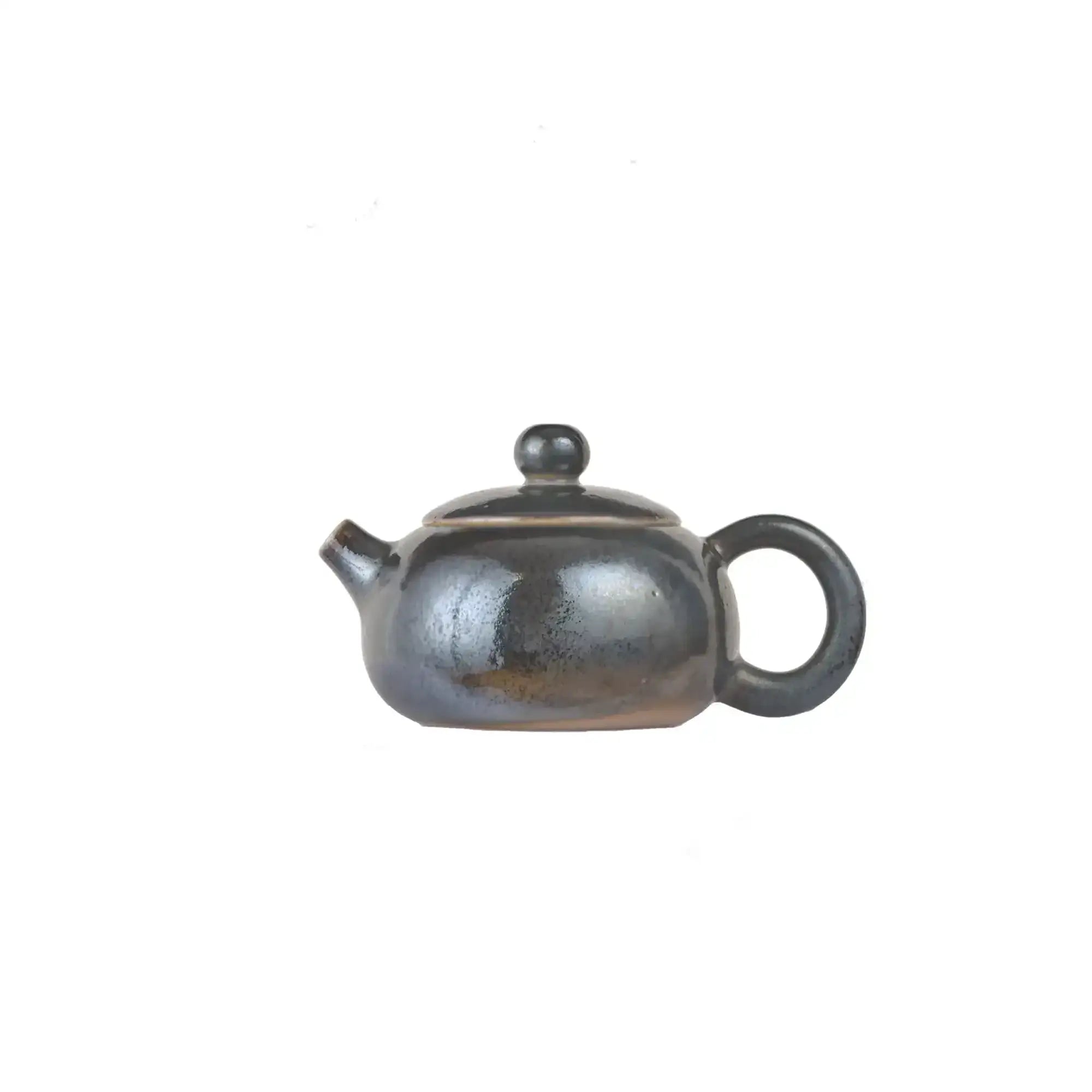 Jianshui zitao wood-fired teapot featuring layered tonal variation created by flame and kiln atmosphere, side view.