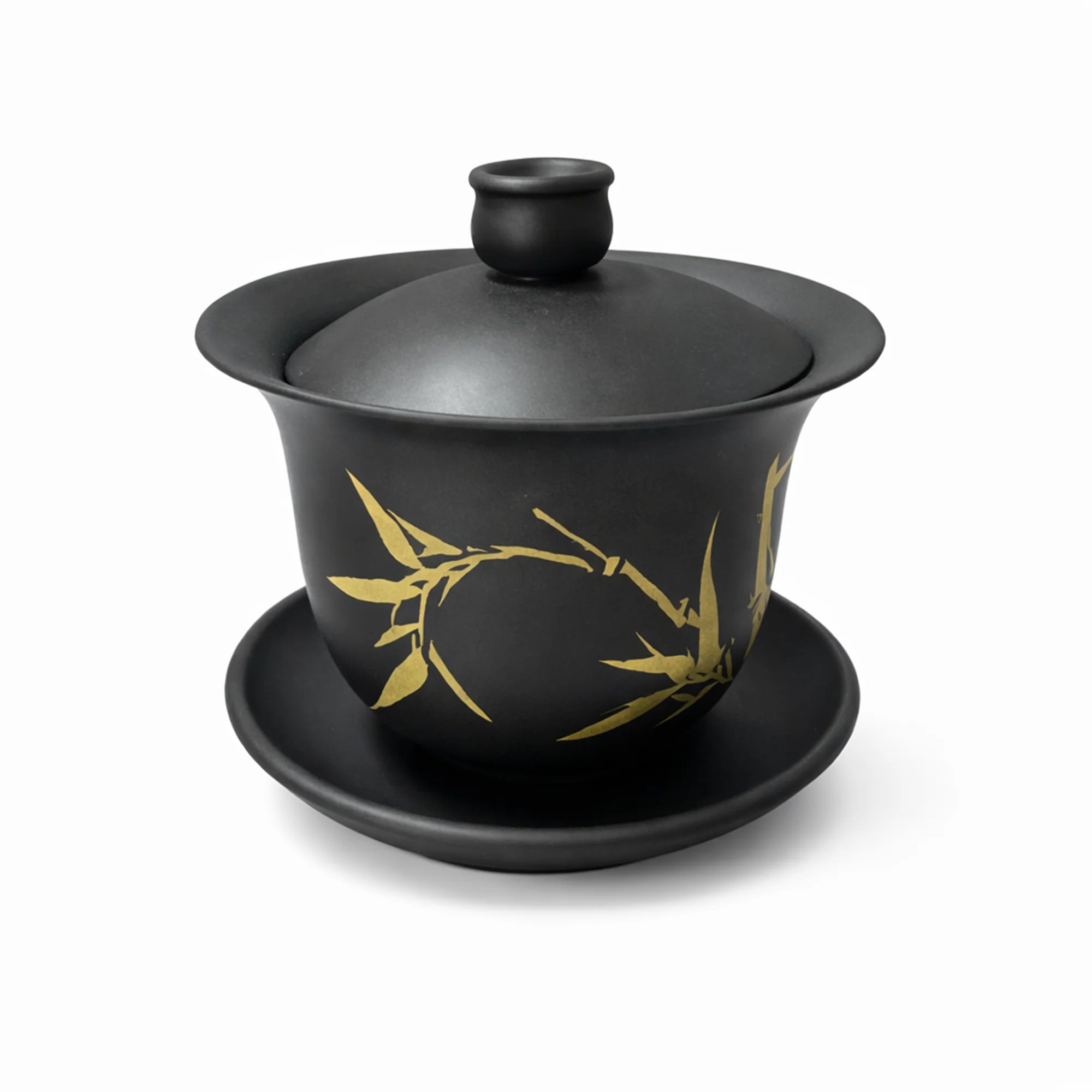 Jianshui zitao gaiwan with hand-carved bamboo decoration and matte dark clay finish