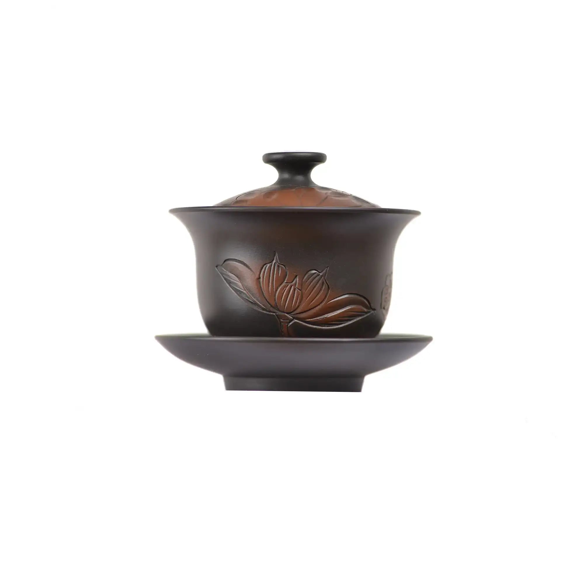 Handcrafted Jianshui zitao lotus-patterned  black Gaiwan tea bowl with intricate line-carved floral design and matching saucer