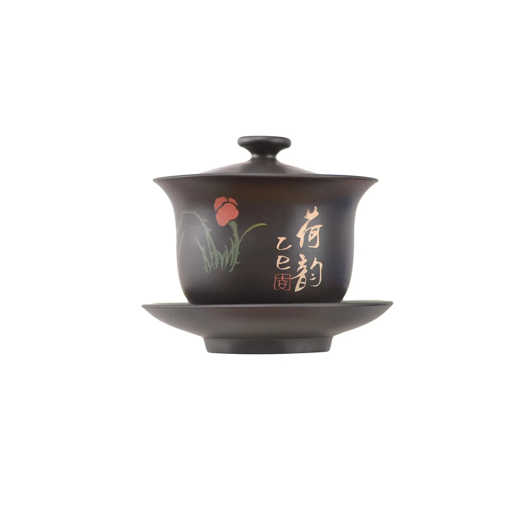 handcrafted Jianshui zitao Gaiwan featuring a carved lotus flower motif