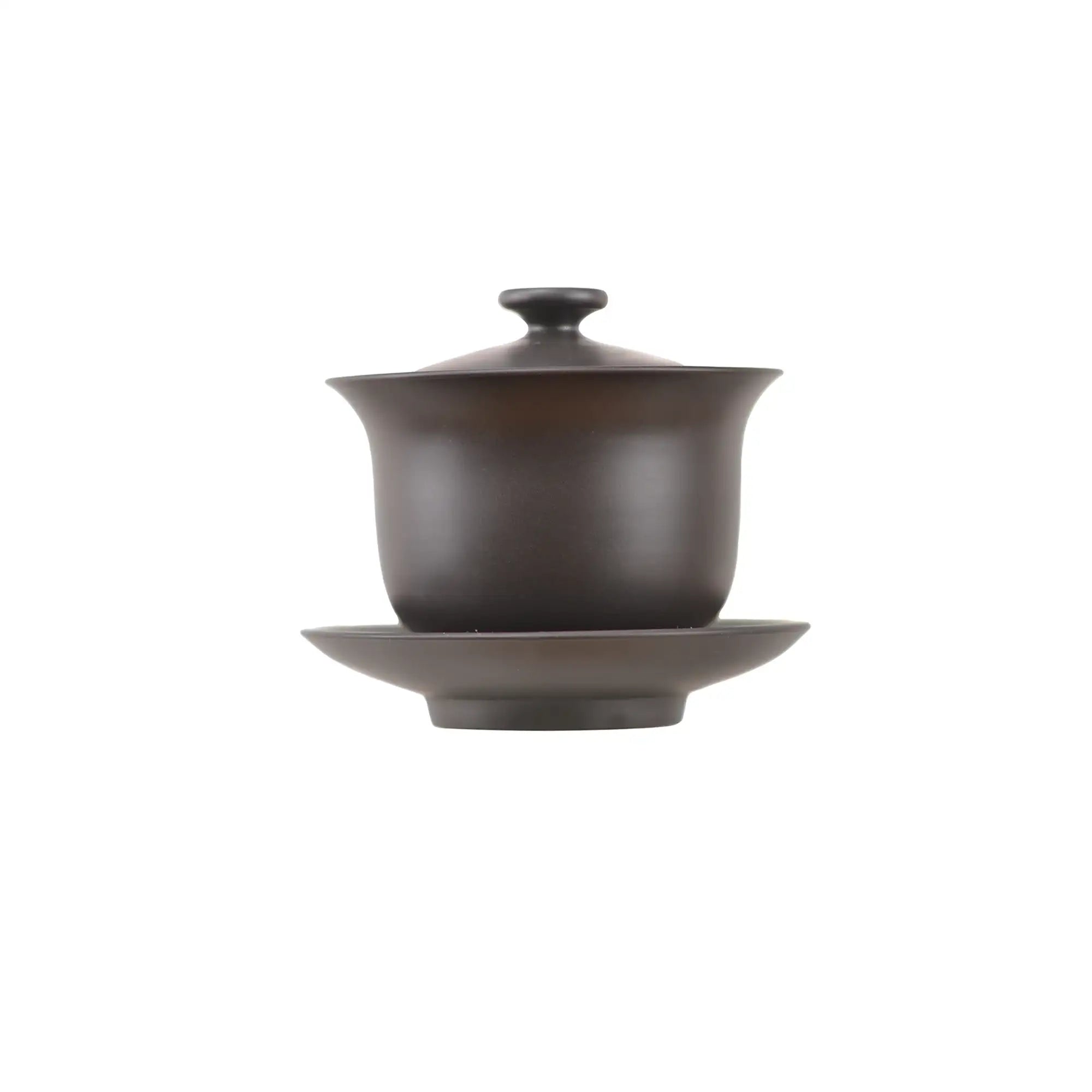 Jianshui zitao Gaiwan tea bowl with dark matte glaze and matching saucer