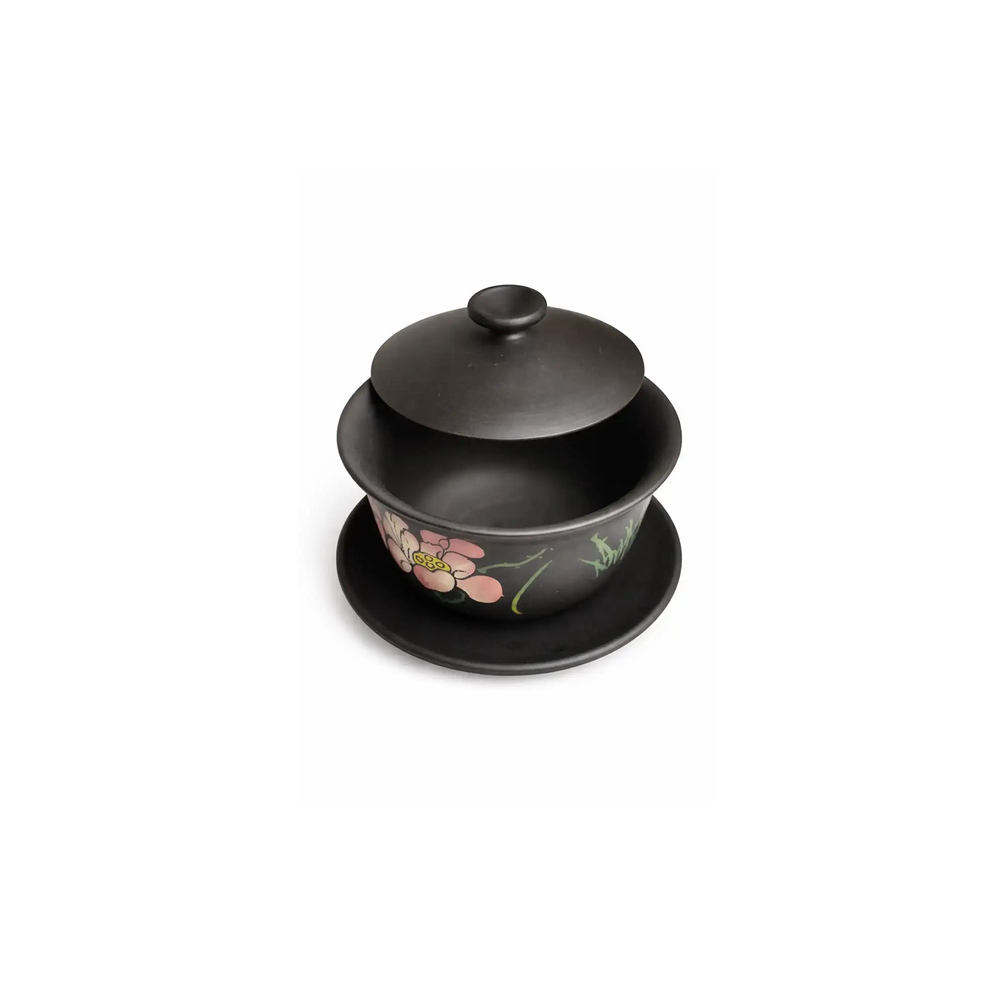 Jianshui zitao Gaiwan tea bowl with lid and matching saucer, shown assembled