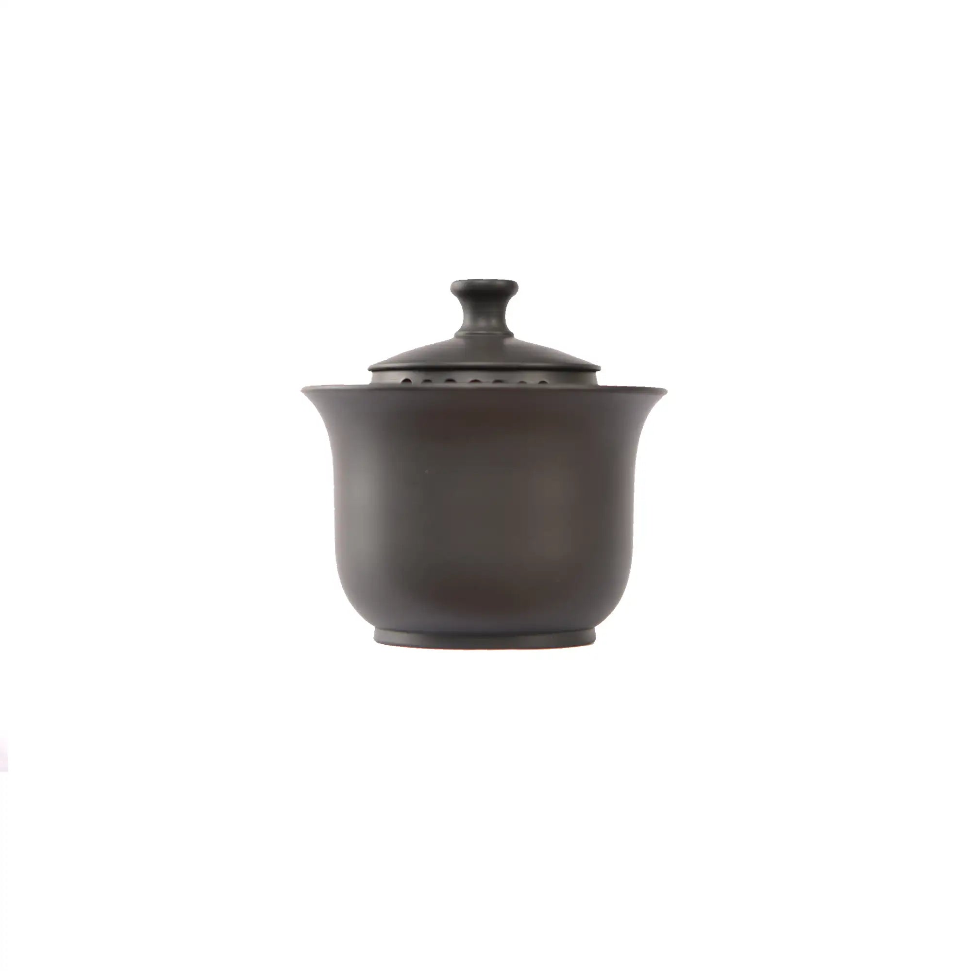 Handmade pottery black Gaiwan tea bowl with fitted lid featuring a built-in vent hole.