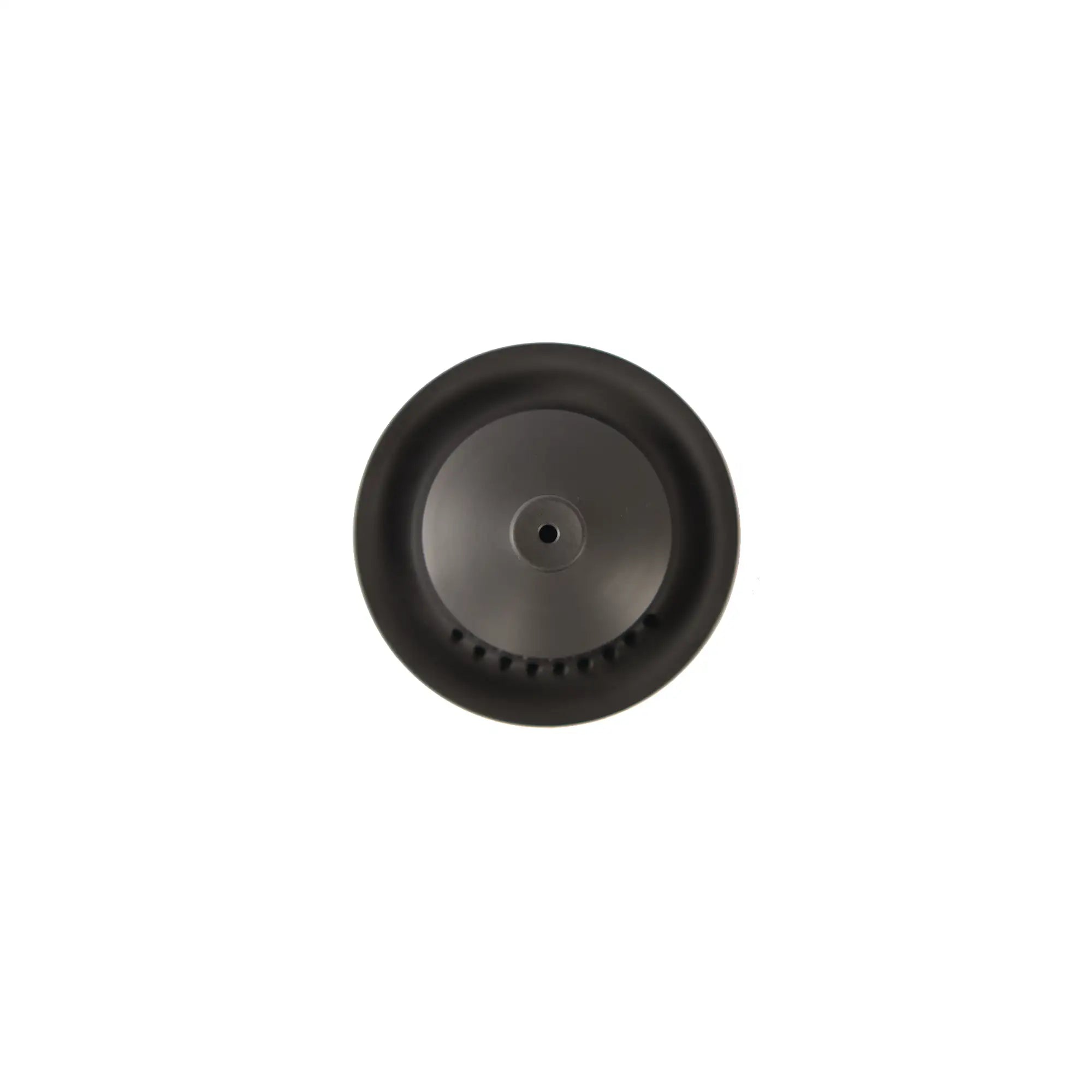 Top view of a handmade pottery black Gaiwan lid with a vent hole and small steam-release openings.