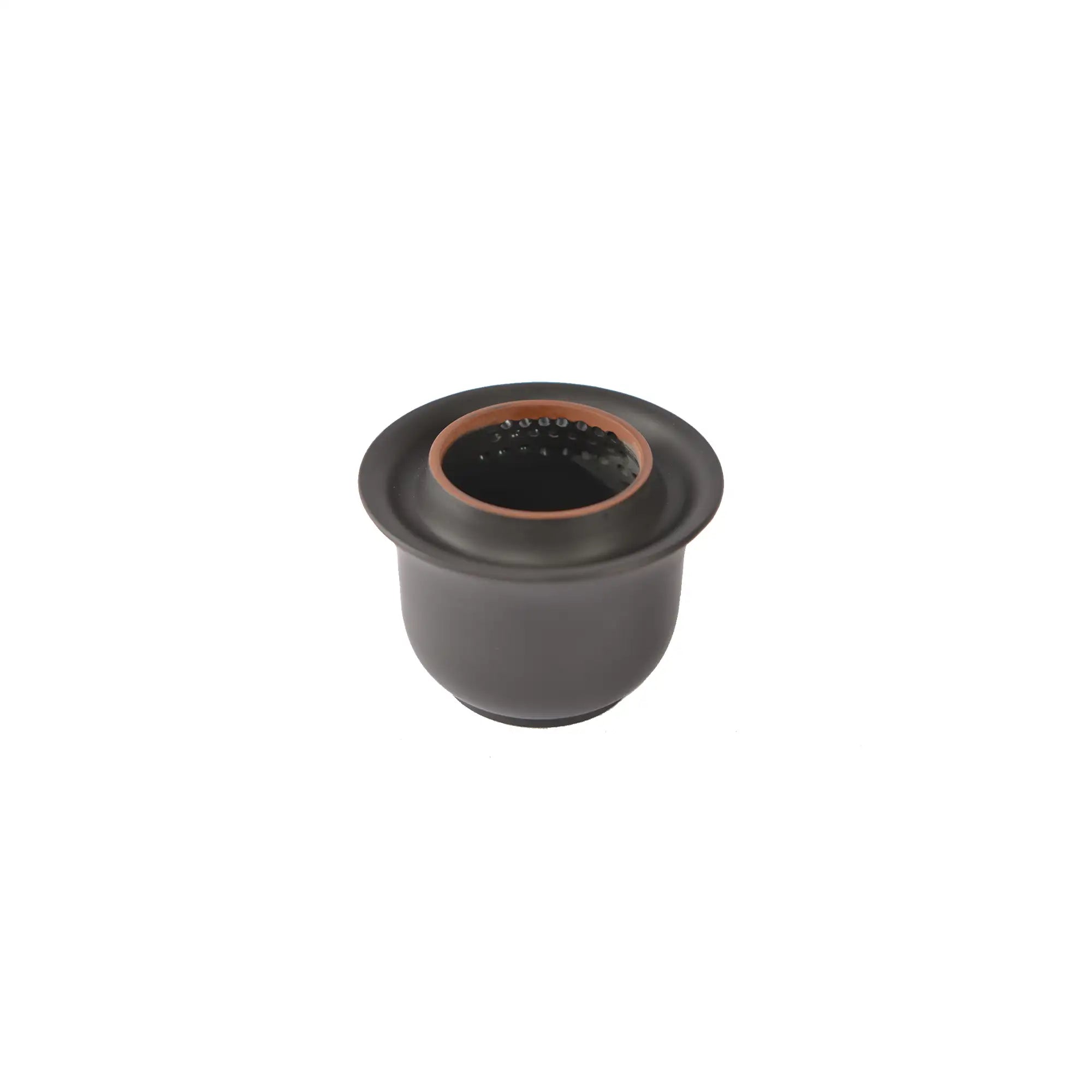 Interior view of a handmade pottery black Gaiwan tea bowl showing the built-in perforations near the rim.