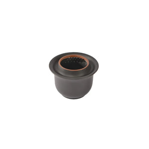 Interior view of a handmade pottery black Gaiwan tea bowl showing the built-in perforations near the rim.