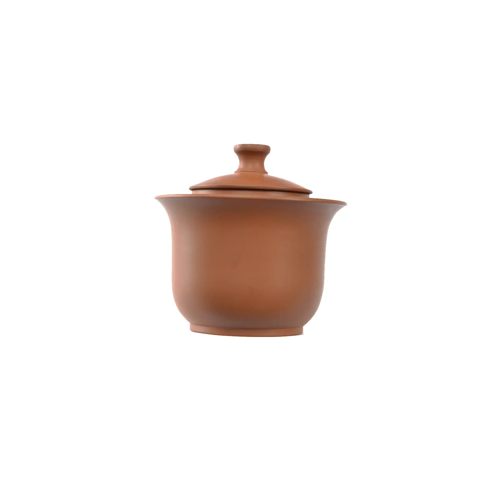 Handcrafted Jianshui zitao red clay gaiwan with a natural terracotta finish and unglazed polished surface