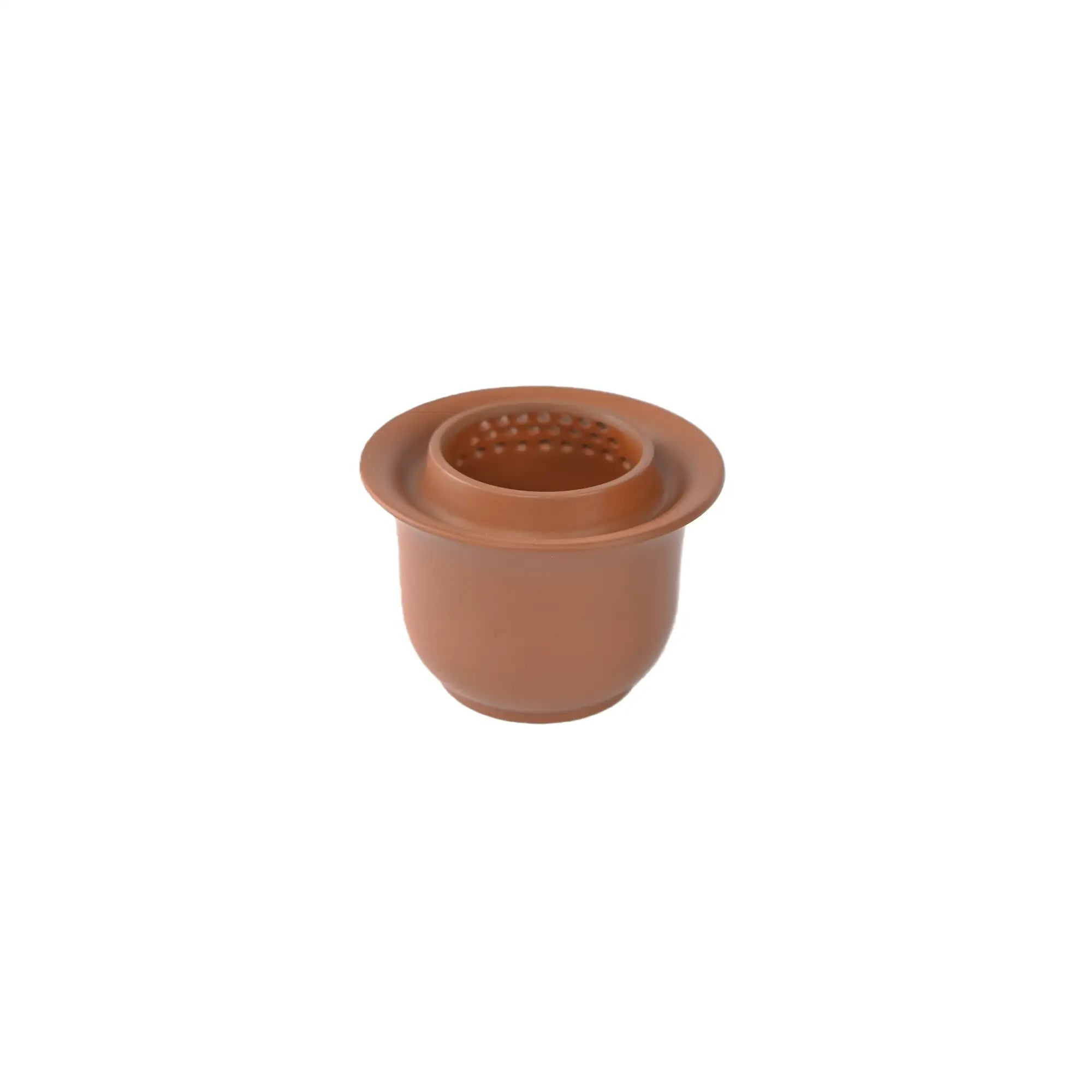 Jianshui zitao red clay gaiwan body with built-in filter holes and a smoothly hand-finished unglazed surface, shown without the lid