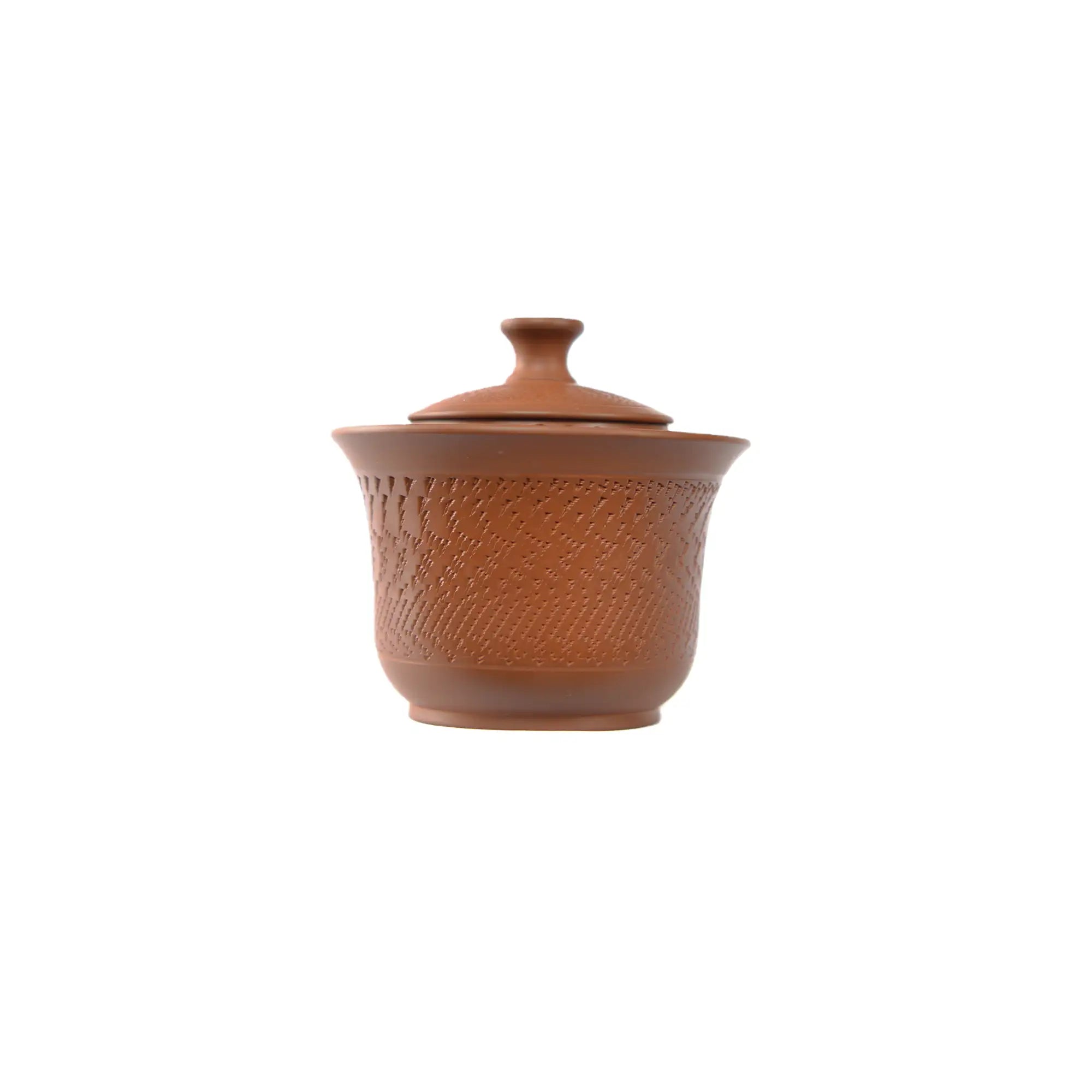 Jianshui zitao red clay gaiwan featuring a traditional chattered texture and a natural unglazed finish