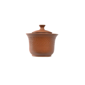 Jianshui zitao red clay gaiwan featuring a traditional chattered texture and a natural unglazed finish